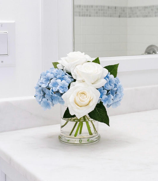 Real Touch Hydrangea & Rose Arrangement: Floral Centerpiece in Glass Vase