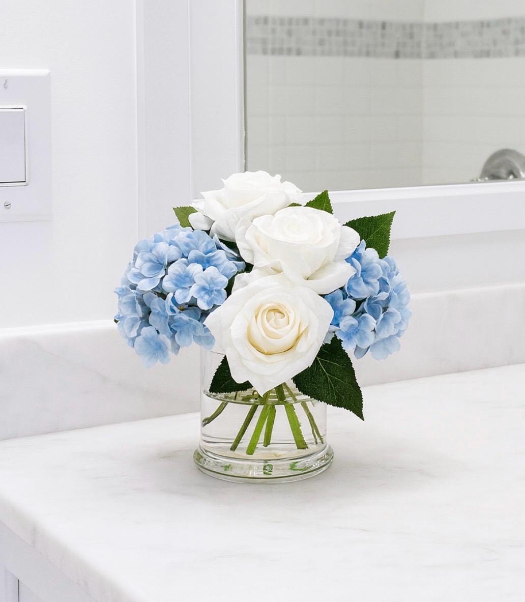 Real Touch Hydrangea & Rose Gift Box Floral Arrangement in Glass Vase and Faux Water