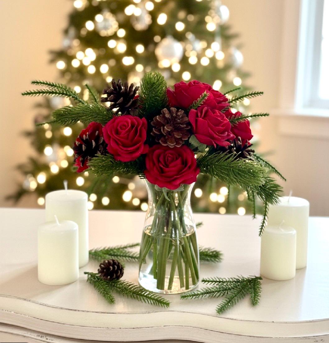 Real Touch Christmas Red Rose Centerpiece: Artificial Floral Arrangement