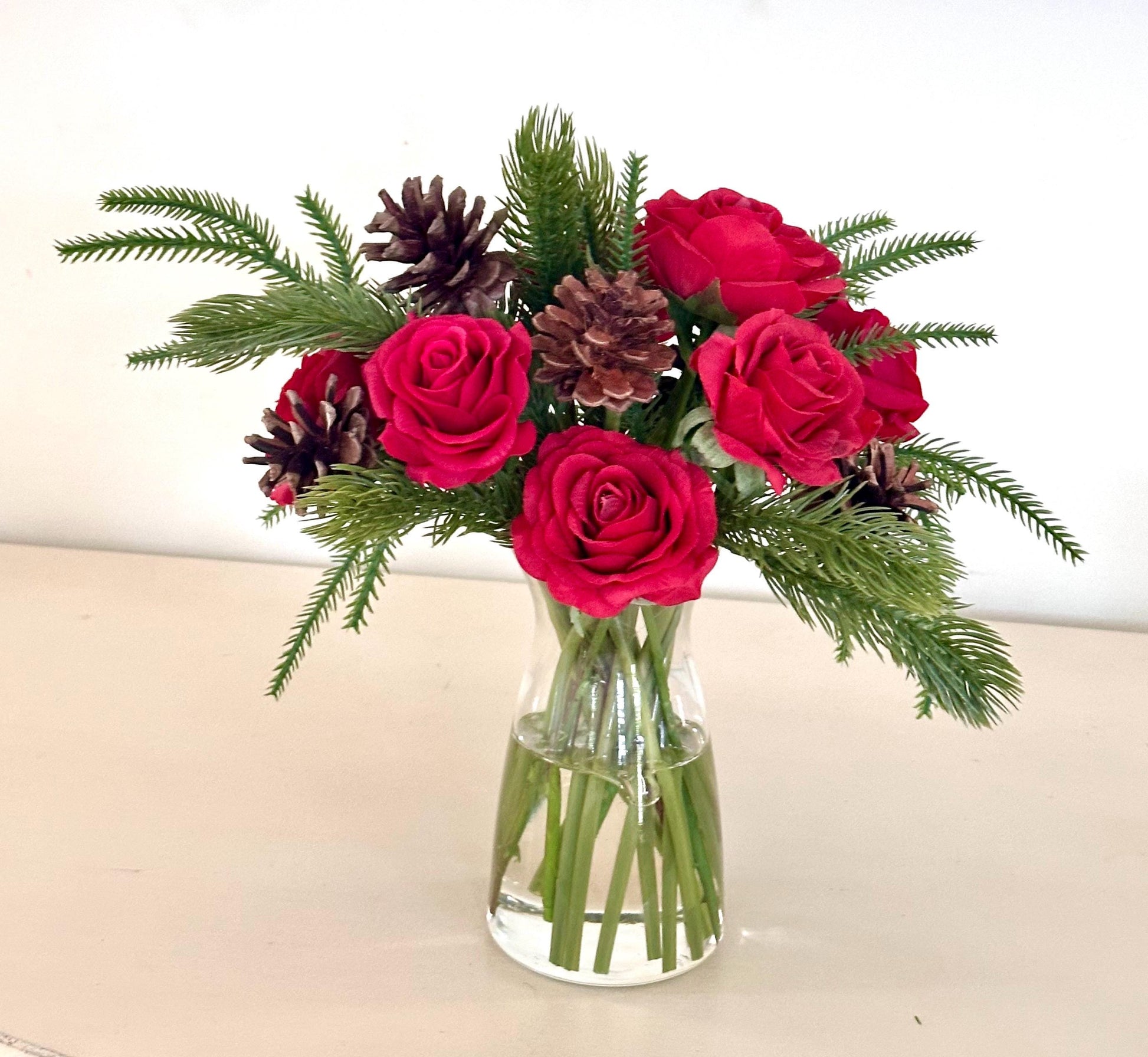 Real Touch Christmas Red Rose Centerpiece: Artificial Floral Arrangement