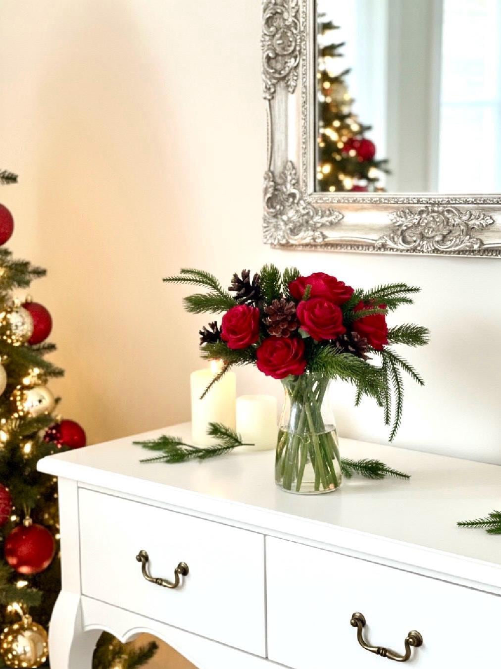 Real Touch Christmas Red Rose Centerpiece: Artificial Floral Arrangement
