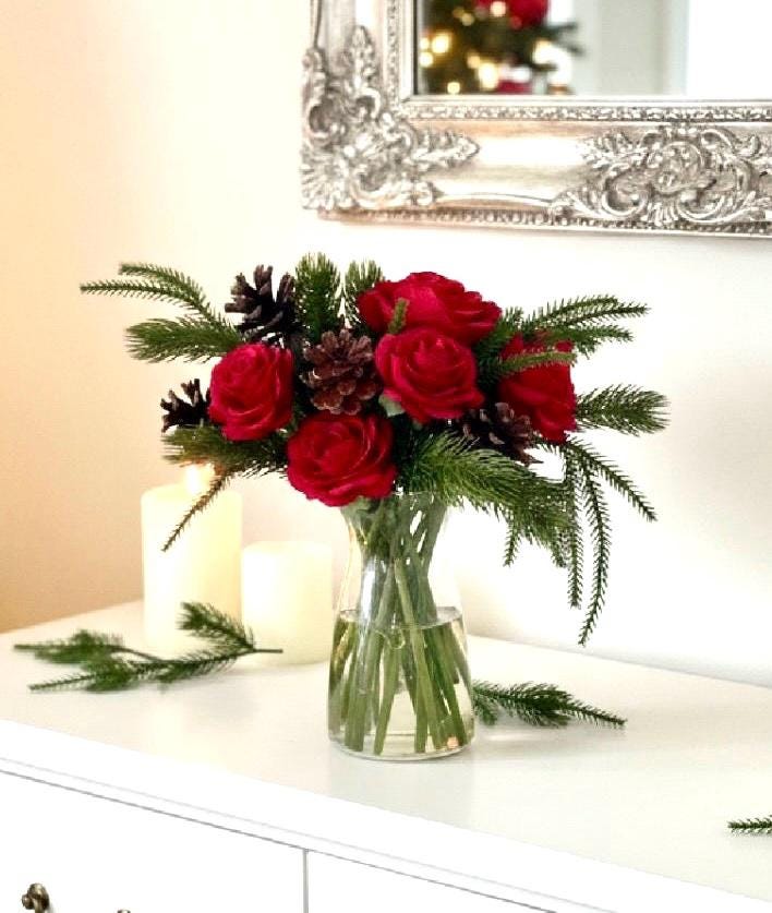 Real Touch Christmas Red Rose Centerpiece: Artificial Floral Arrangement