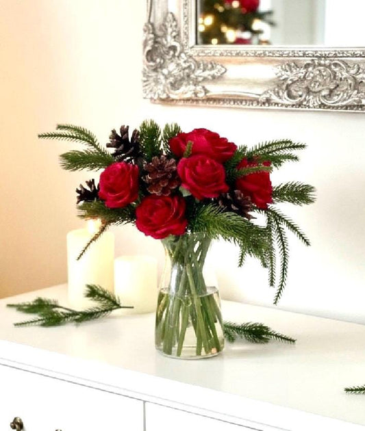 Real Touch Christmas Red Rose Centerpiece: Artificial Floral Arrangement