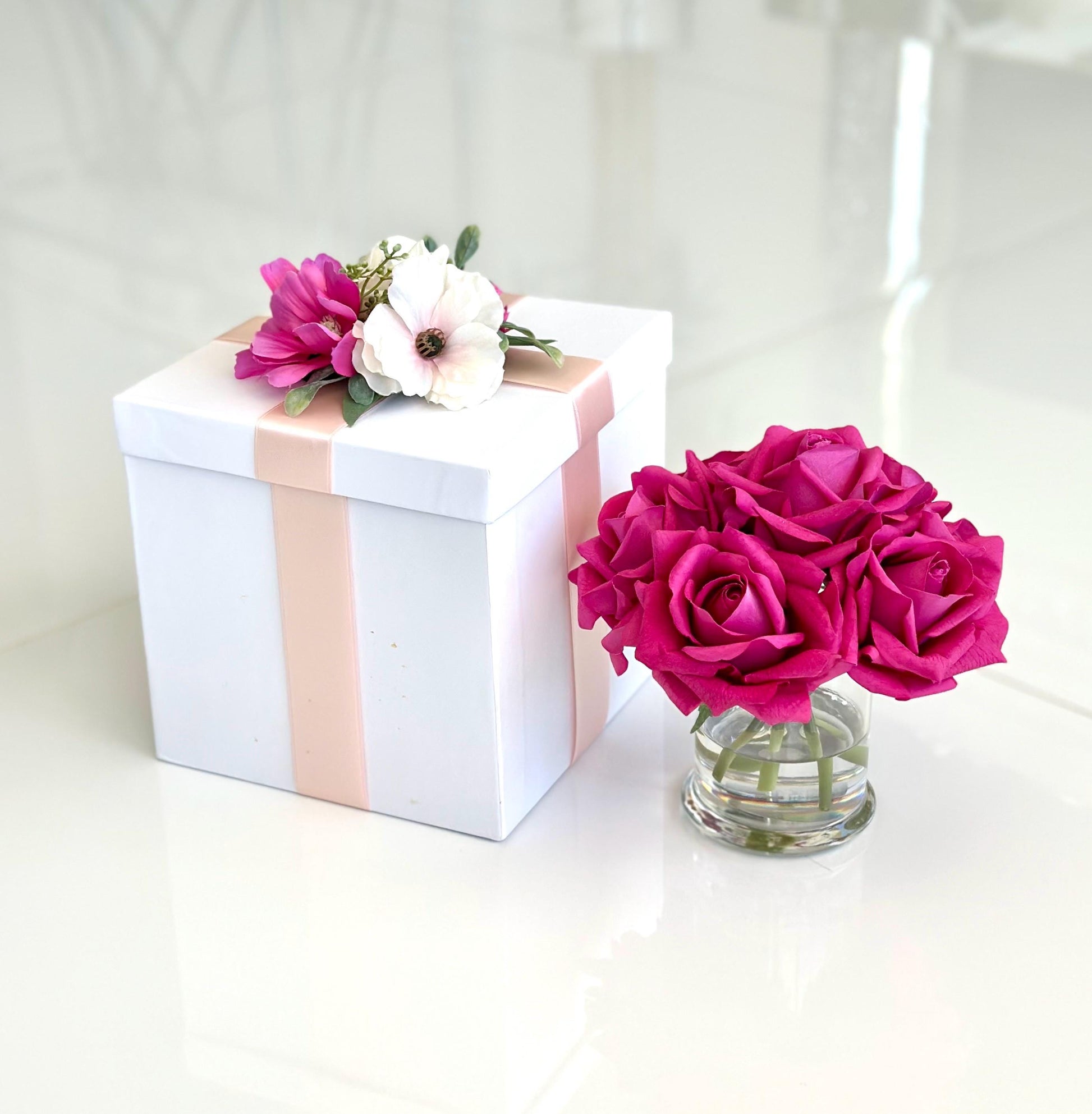 Real Touch Fuchsia Pink Rose Arrangement: Glass Vase, Faux Water (Optional Gift Box)