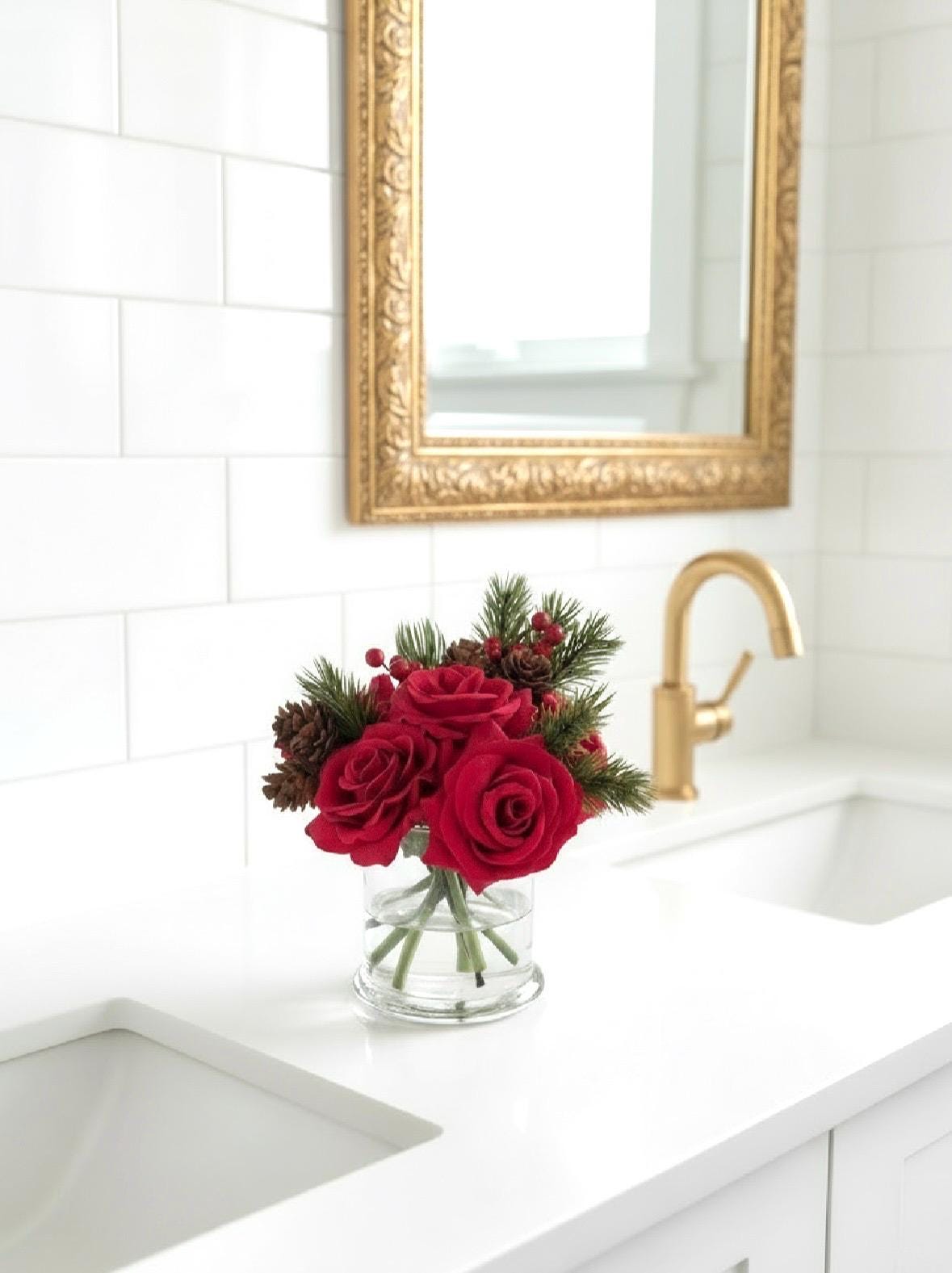 Real Touch Christmas Red Rose Gift Box: Artificial Red Floral Arrangement