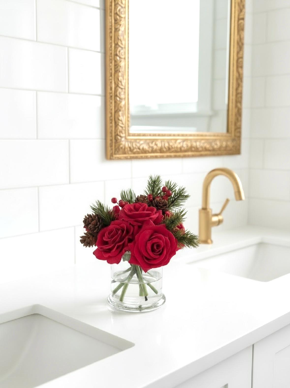 Real Touch Christmas Red Rose Gift Box: Artificial Red Floral Arrangement