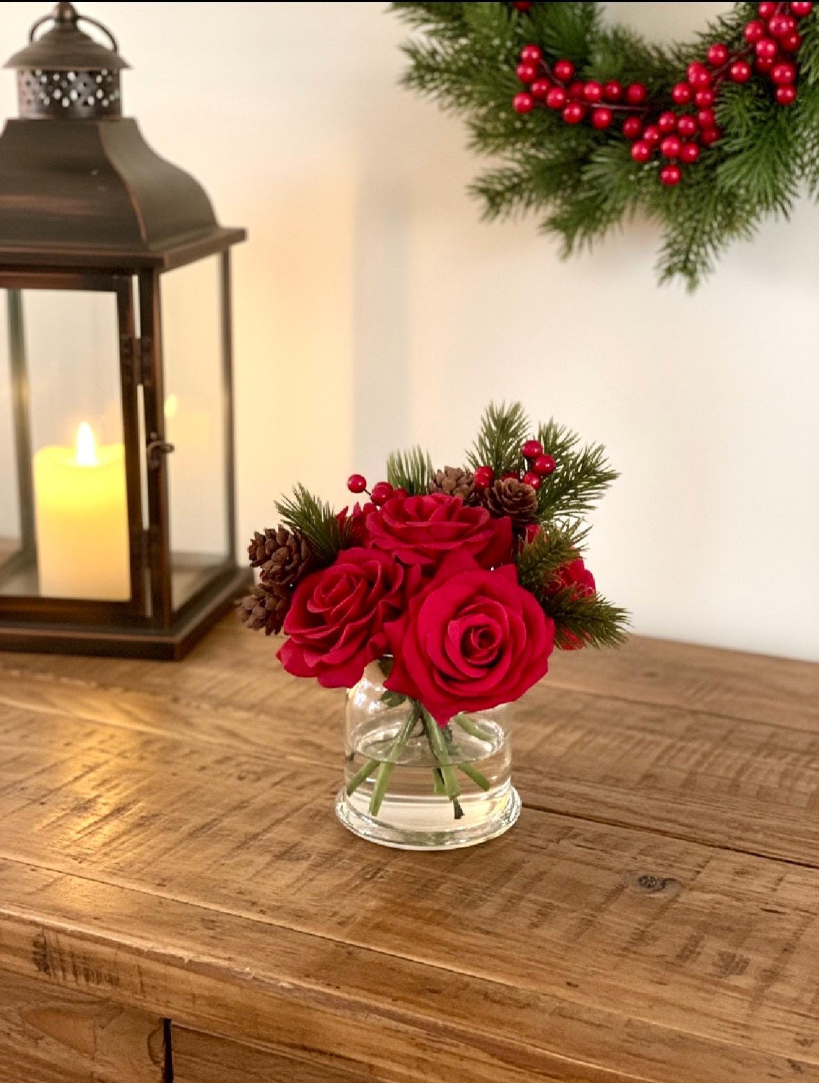 Real Touch Christmas Red Rose Gift Box: Artificial Red Floral Arrangement