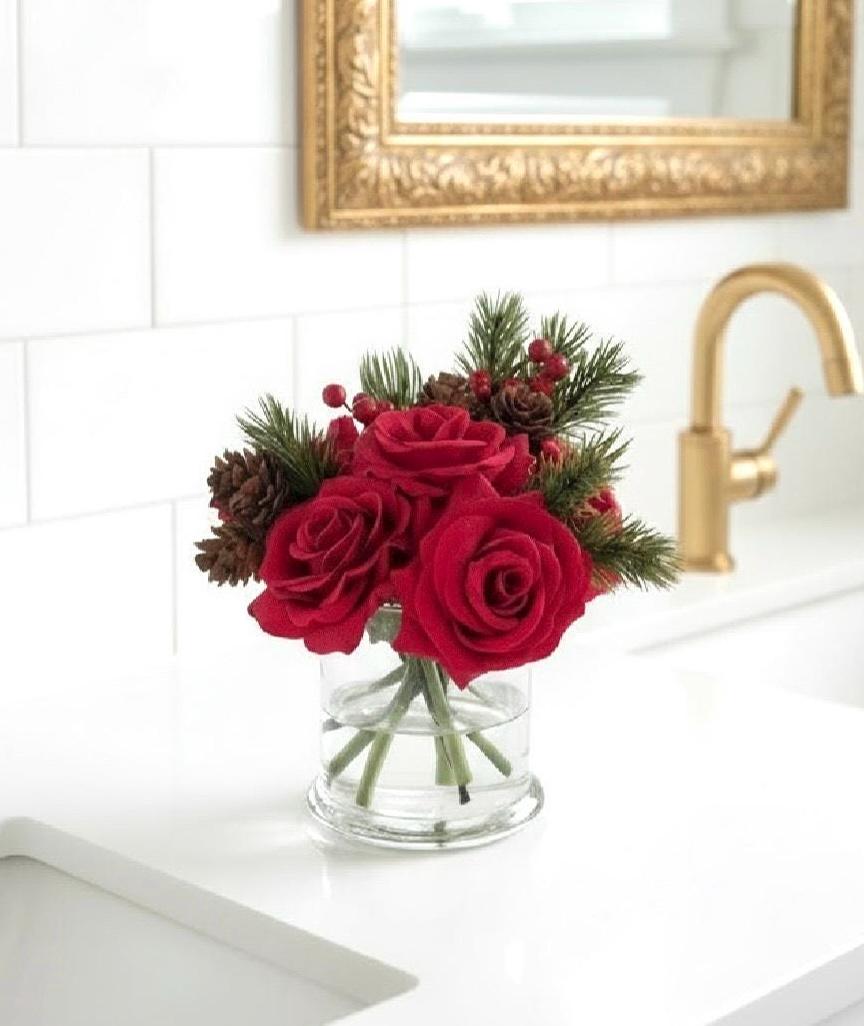 Real Touch Christmas Red Rose Gift Box: Artificial Red Floral Arrangement