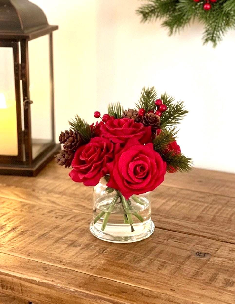 Real Touch Christmas Red Rose Arrangement: Artificial Floral Arrangement