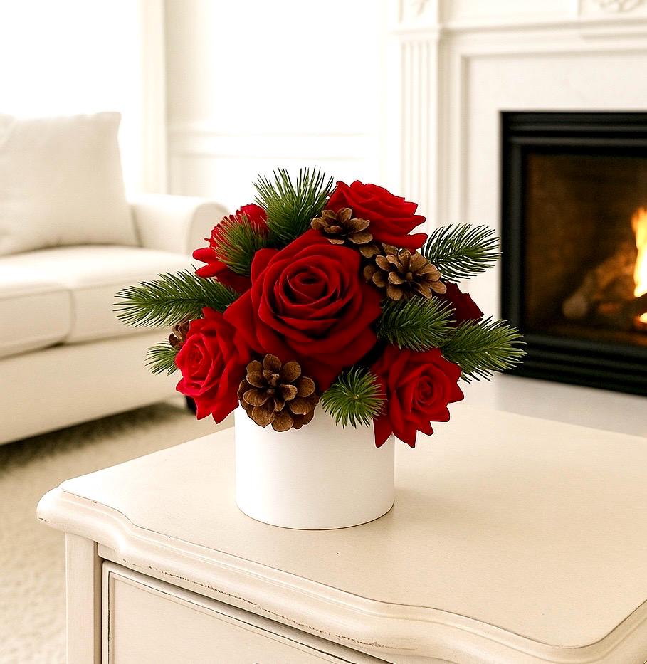 Christmas Red Rose Centerpiece: Artificial Floral Arrangement Red and Burgundy Pinecone
