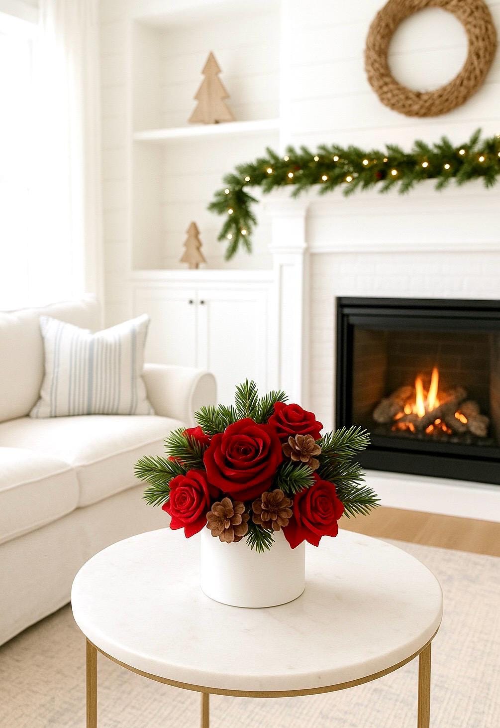 Christmas Red Rose Centerpiece: Artificial Floral Arrangement Red and Burgundy Pinecone