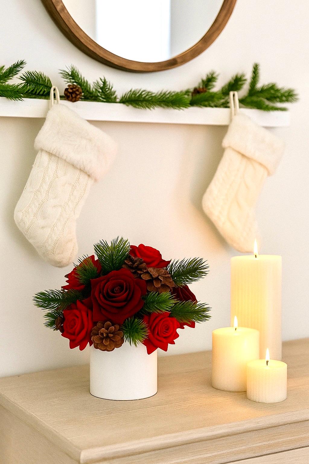 Christmas Red Rose Centerpiece: Artificial Floral Arrangement Red and Burgundy Pinecone