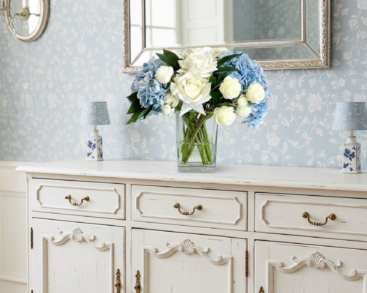 Real Touch Blue Hydrangea Centerpiece: Faux Rose & Ranunculus Floral Decor