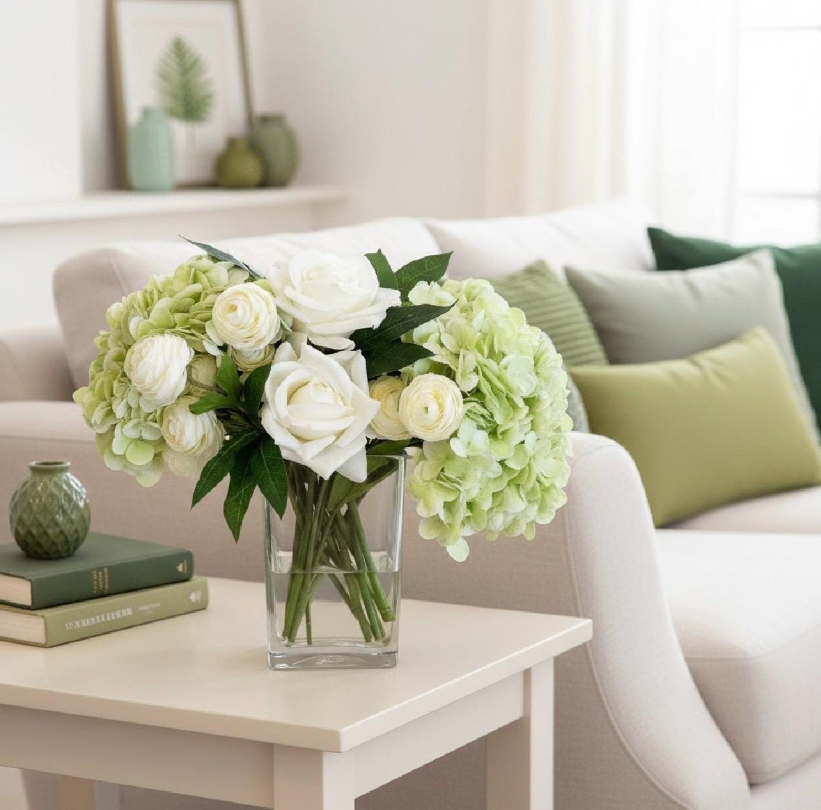 Real Touch Hydrangea Centerpiece: Faux Rose & Ranunculus Arrangement