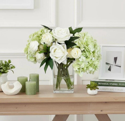 Real Touch Hydrangea Centerpiece: Faux Rose & Ranunculus Arrangement