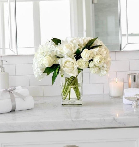 Real Touch Ivory Hydrangea Centerpiece: Rose & Ranunculus Faux Floral Arrangement
