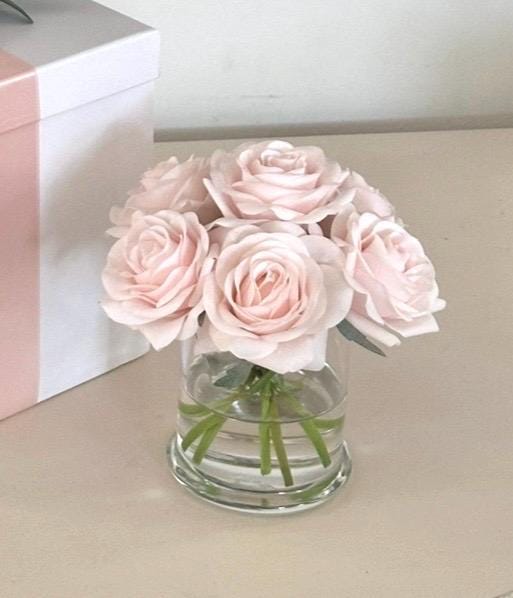 Blush Rose Arrangement, Faux Floral Centerpiece, Gift Box with Topper