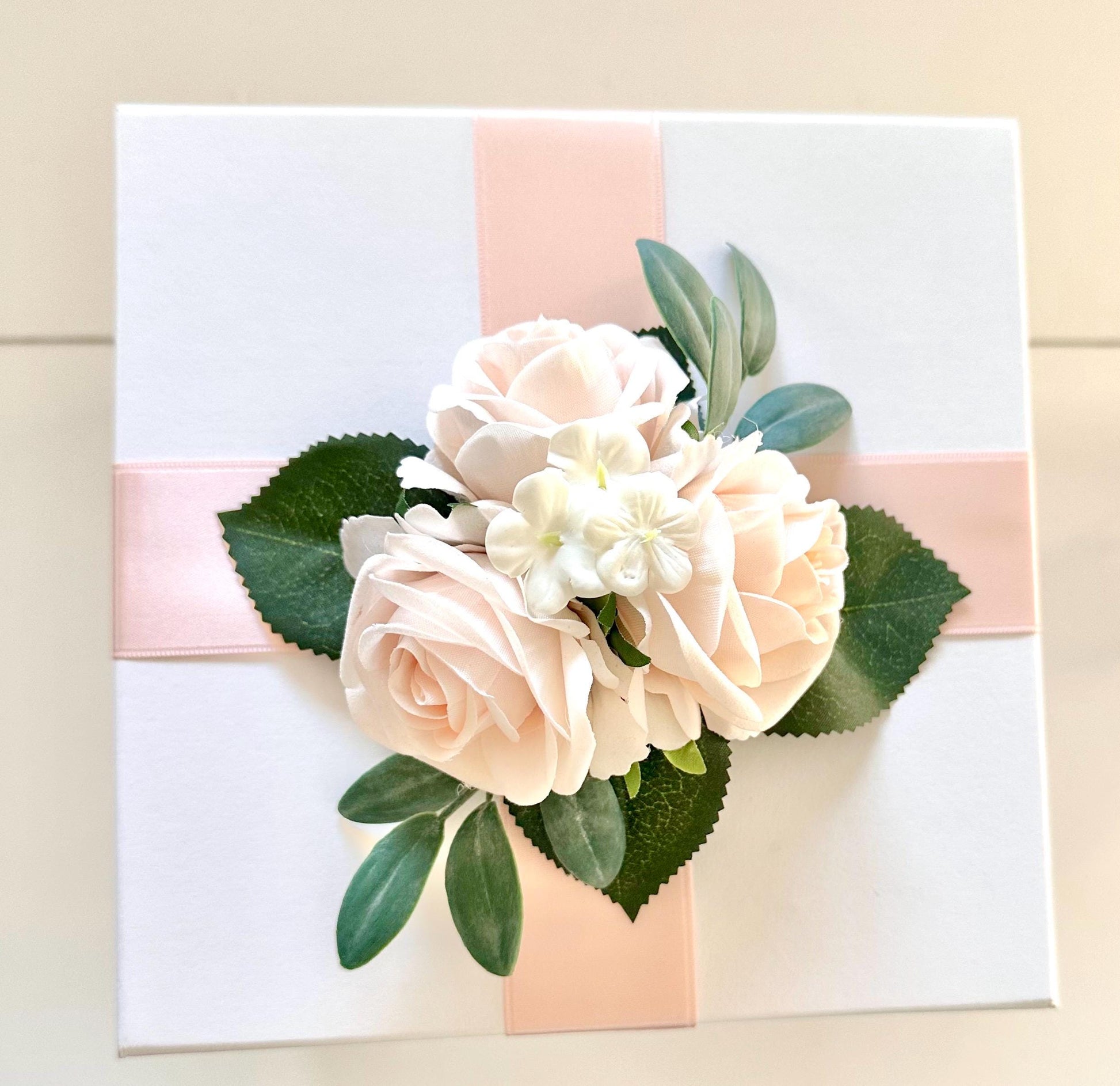 Blush Rose Arrangement, Faux Floral Centerpiece, Gift Box with Topper