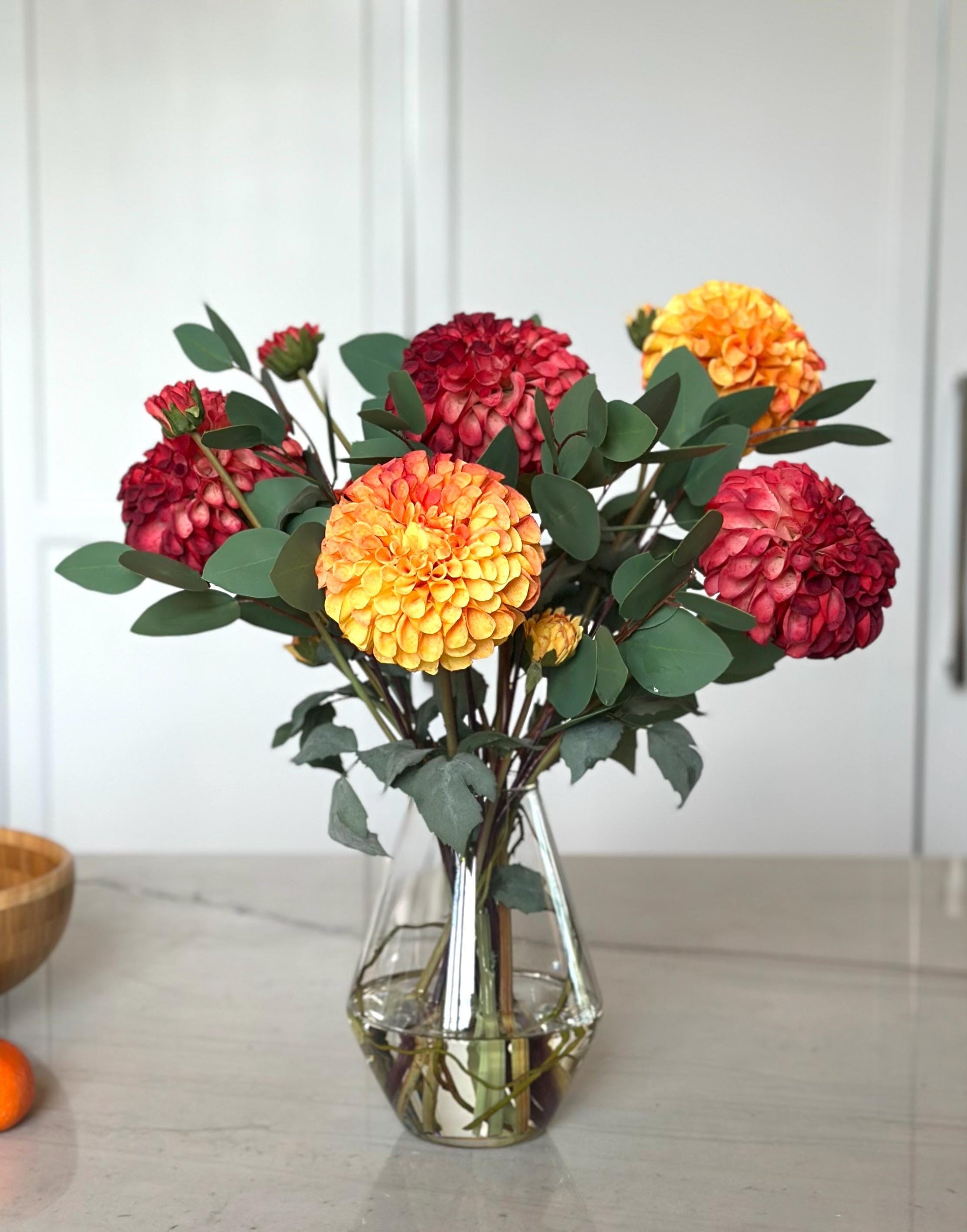 Faux Dahlia and Eucalyptus Arrangement: Orange Yellow Red Floral Centerpiece, Fall Thanksgiving Centerpiece