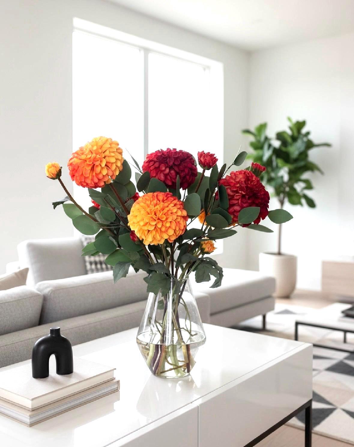 Faux Dahlia and Eucalyptus Arrangement: Orange Yellow Red Floral Centerpiece, Fall Thanksgiving Centerpiece