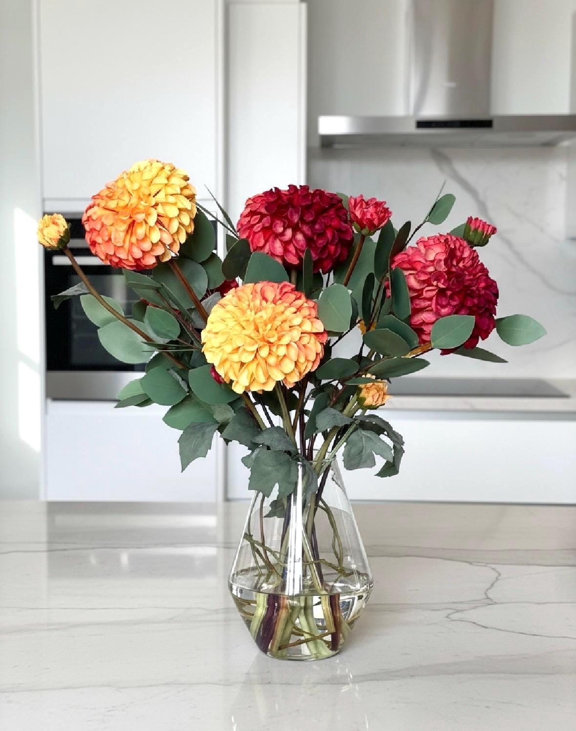 Faux Dahlia and Eucalyptus Arrangement: Orange Yellow Red Floral Centerpiece, Fall Thanksgiving Centerpiece