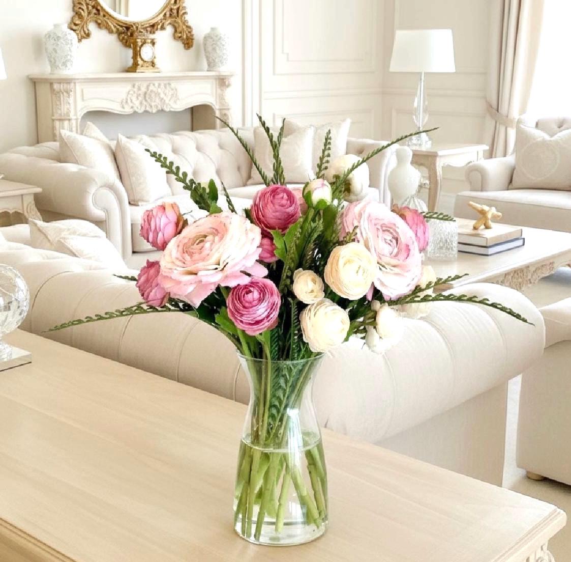 Real Touch Ranunculus Floral Arrangement: Pink Centerpiece, Faux Water