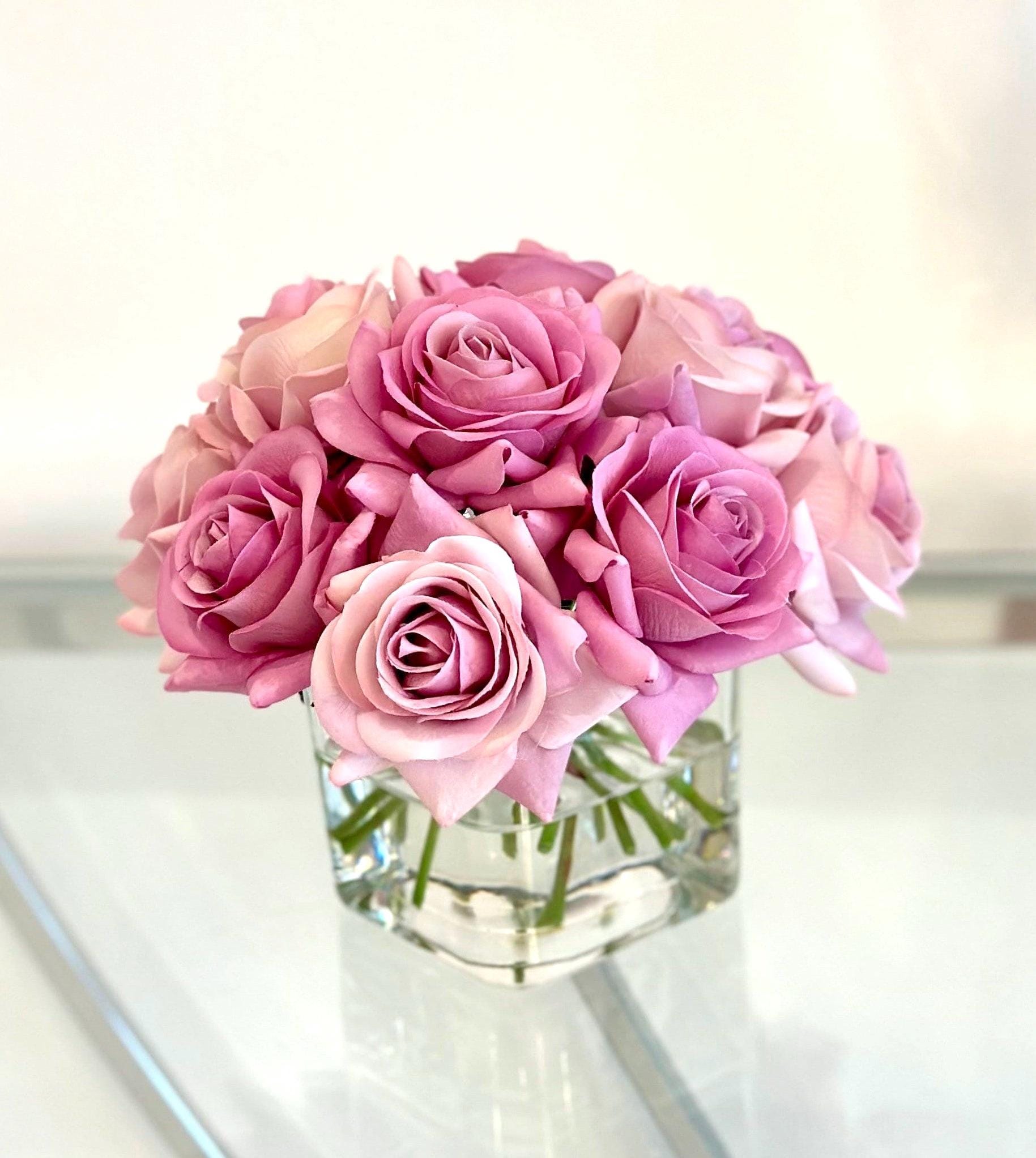 Real Touch Rose Arrangement: Artificial Floral Centerpiece In Square Vase