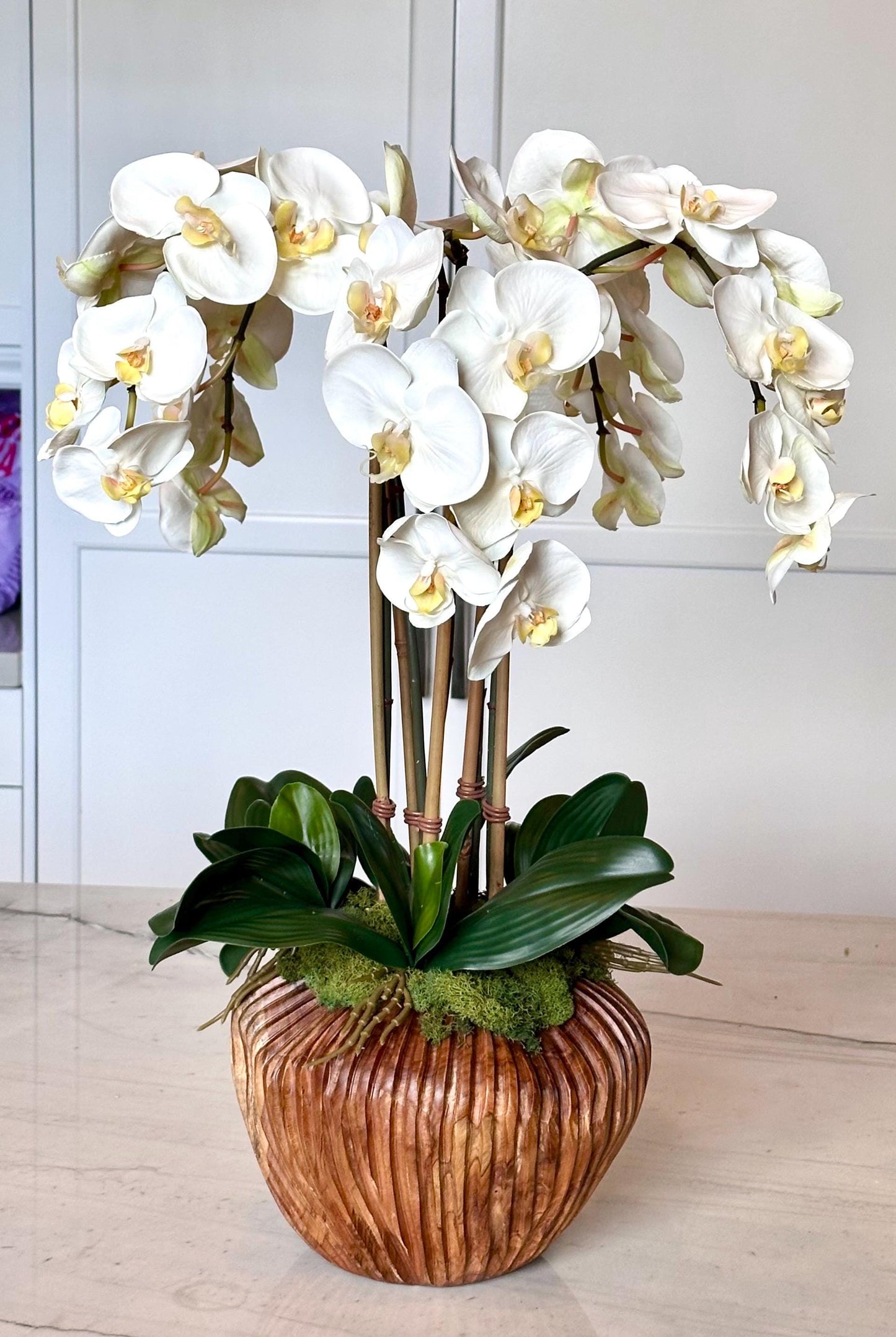 Large Luxury Real-Touch White Orchid Arrangement in Fluted Wood Planter | Coastal Home Decor | 26” Tall Faux Orchid | High-End Realistic Orc