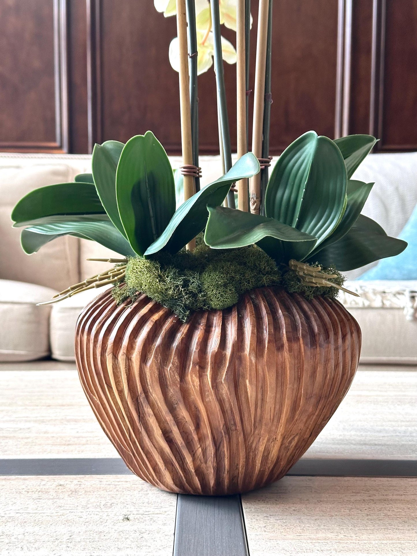 Large Luxury Real-Touch White Orchid Arrangement in Fluted Wood Planter | Coastal Home Decor | 26” Tall Faux Orchid | High-End Realistic Orc