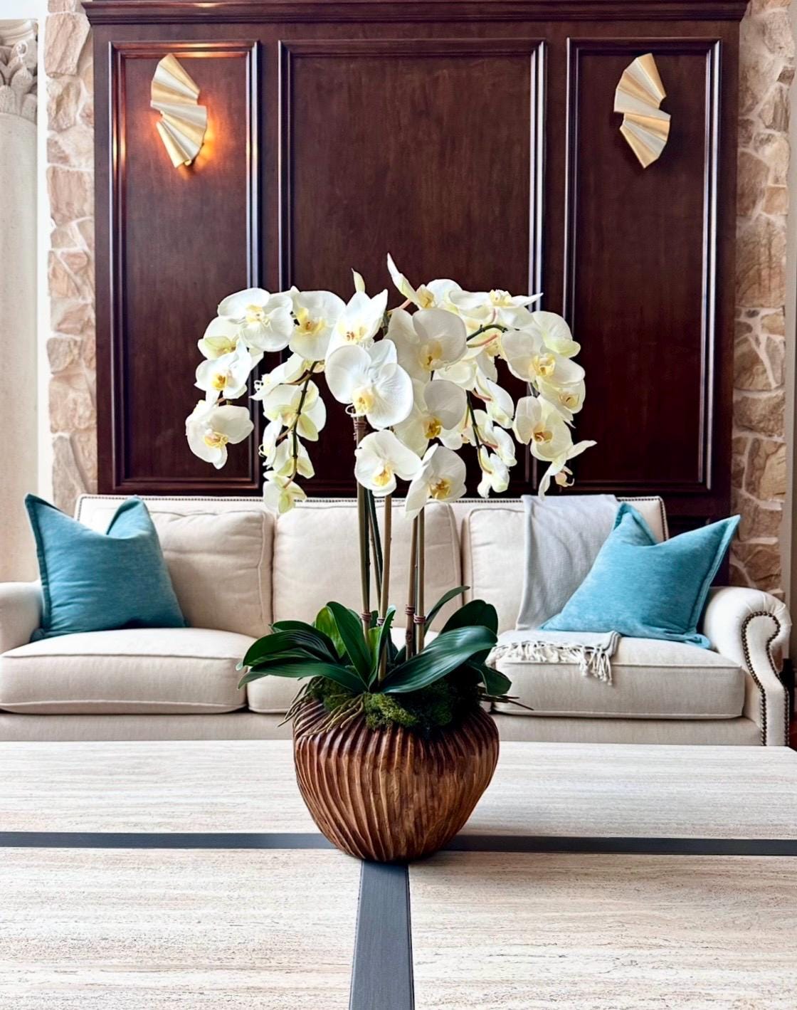 Large Luxury Real-Touch White Orchid Arrangement in Fluted Wood Planter | Coastal Home Decor | 26” Tall Faux Orchid | High-End Realistic Orc