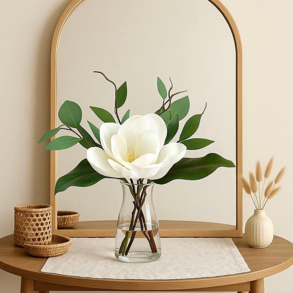 Real Touch White Magnolia & Eucalyptus Centerpiece - Faux Water