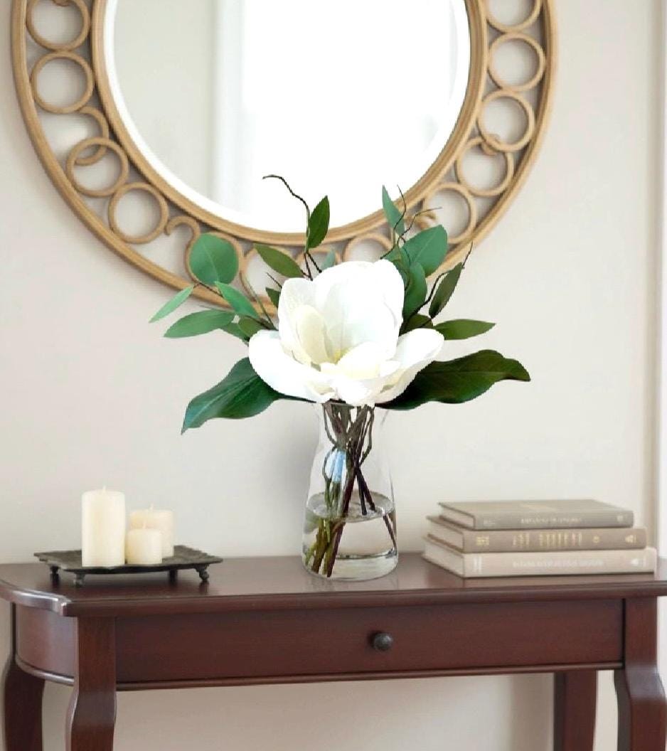 Real Touch White Magnolia & Eucalyptus Centerpiece - Faux Water