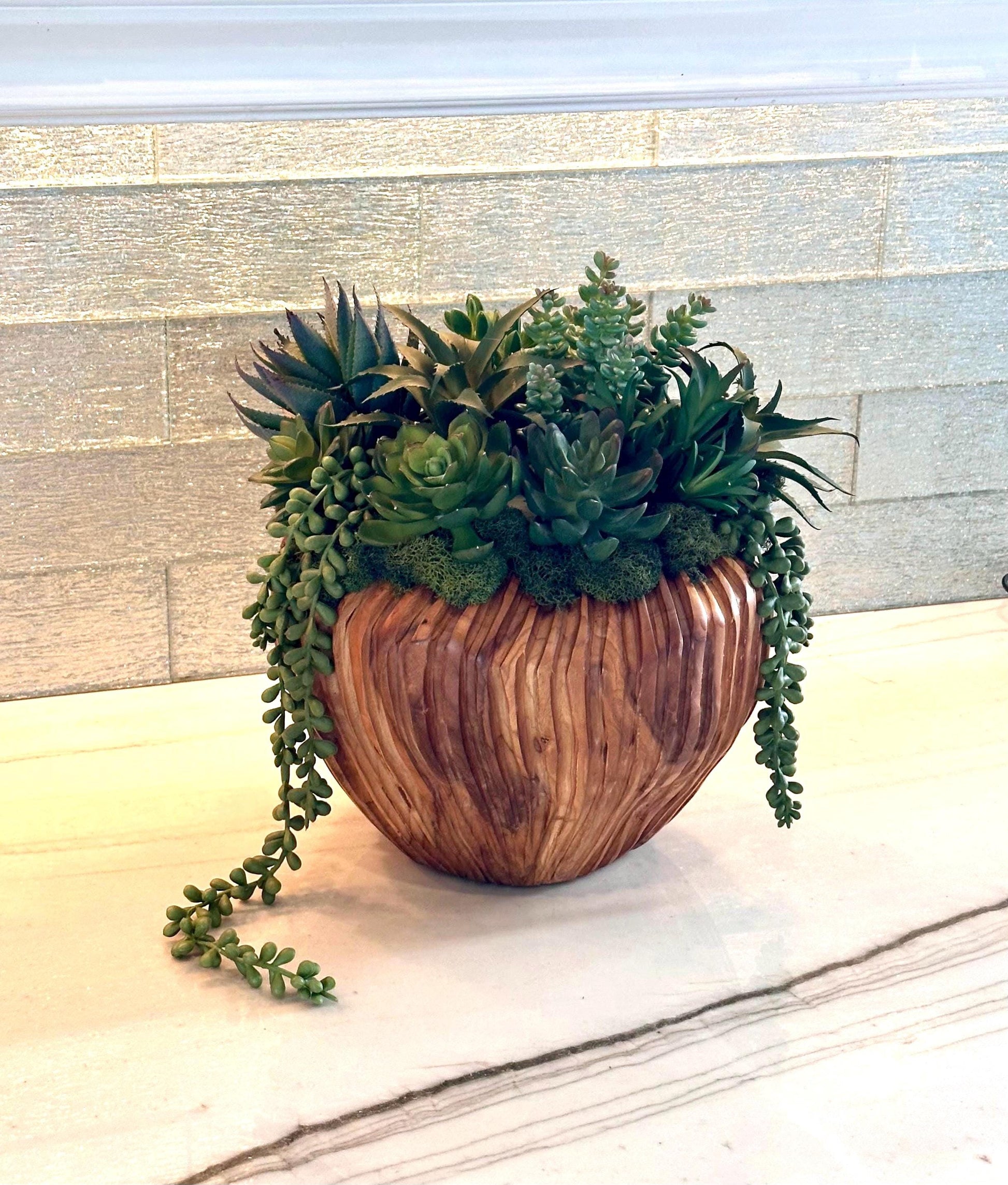 Faux Succulent Arrangement in Wood Planter
