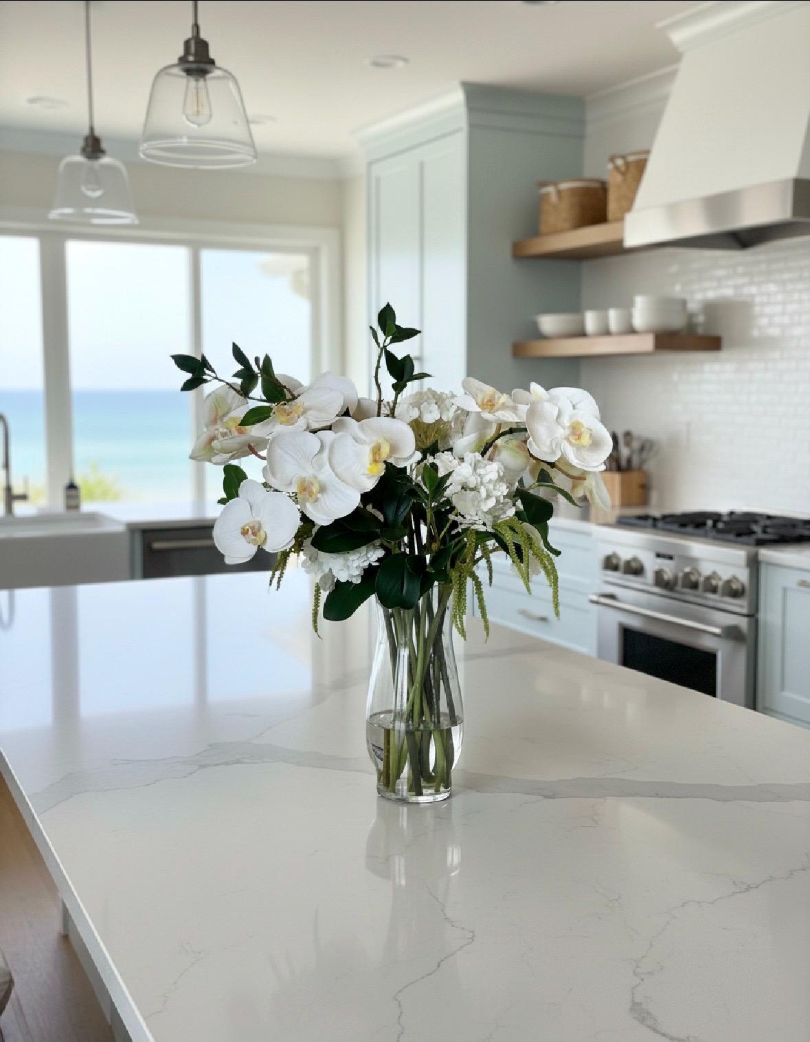 Real-Touch White Orchid Arrangement: Faux Water Glass Vase, Coastal Decor