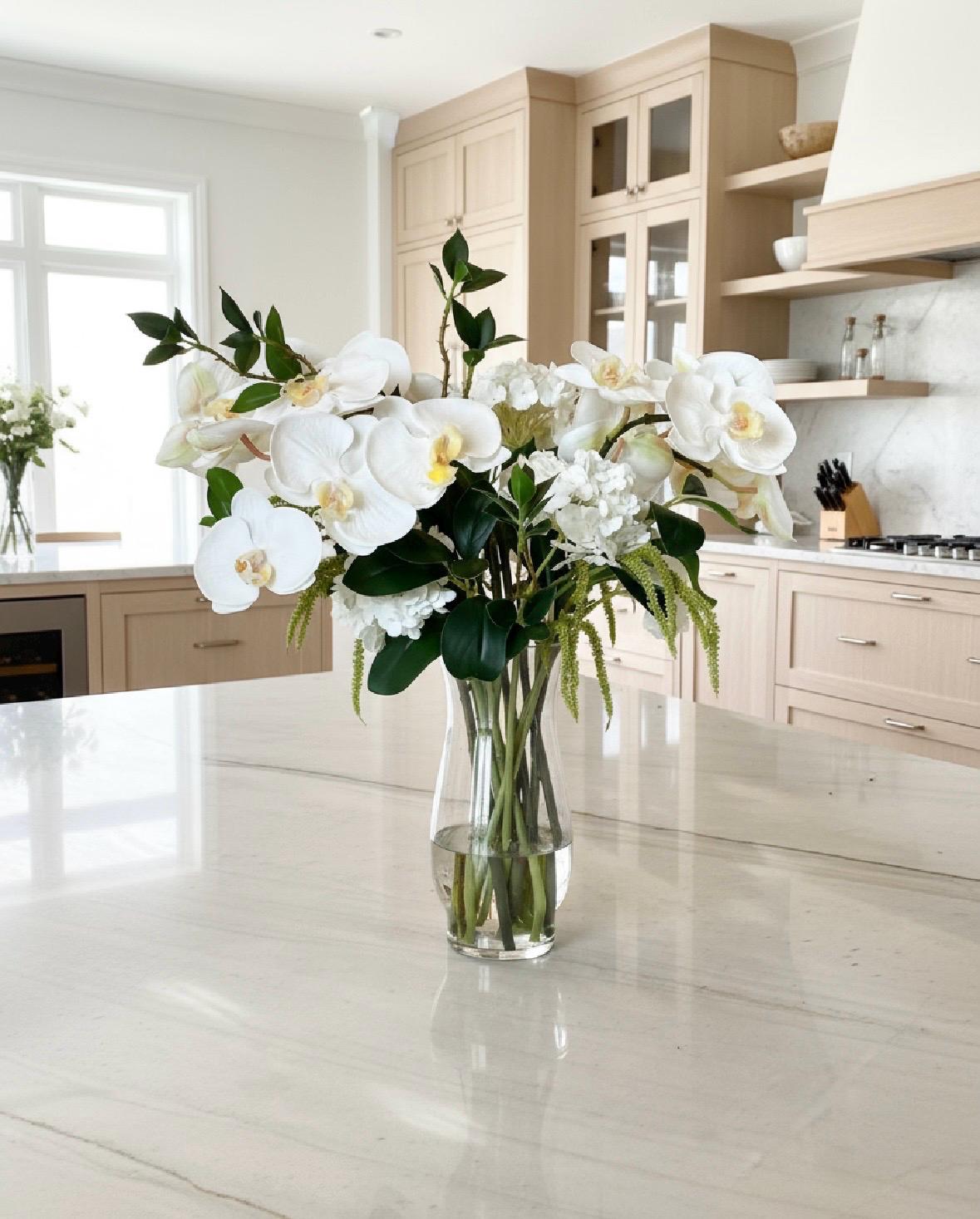 Real-Touch White Orchid Arrangement: Faux Water Glass Vase, Coastal Decor