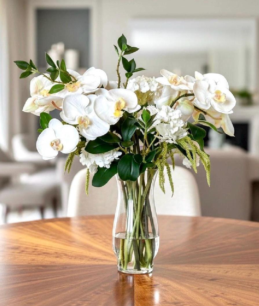Real-Touch White Orchid Arrangement: Faux Water Glass Vase, Coastal Decor