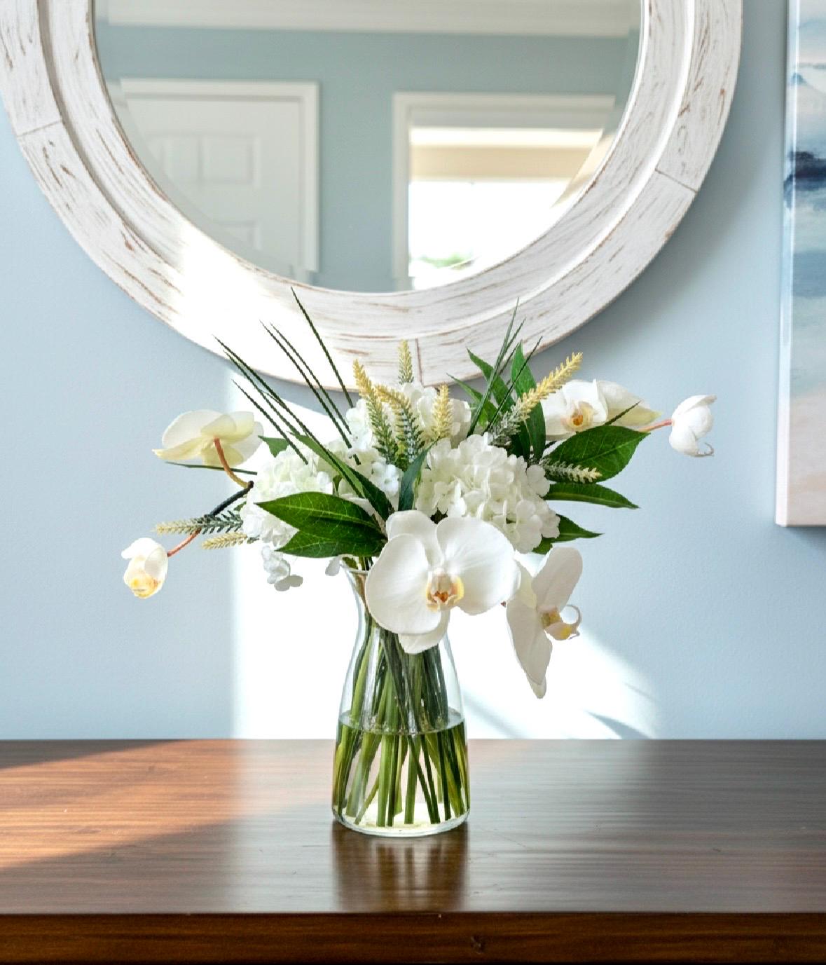 Real-Touch White Orchid Arrangement: Faux Water Glass Vase, Coastal Decor