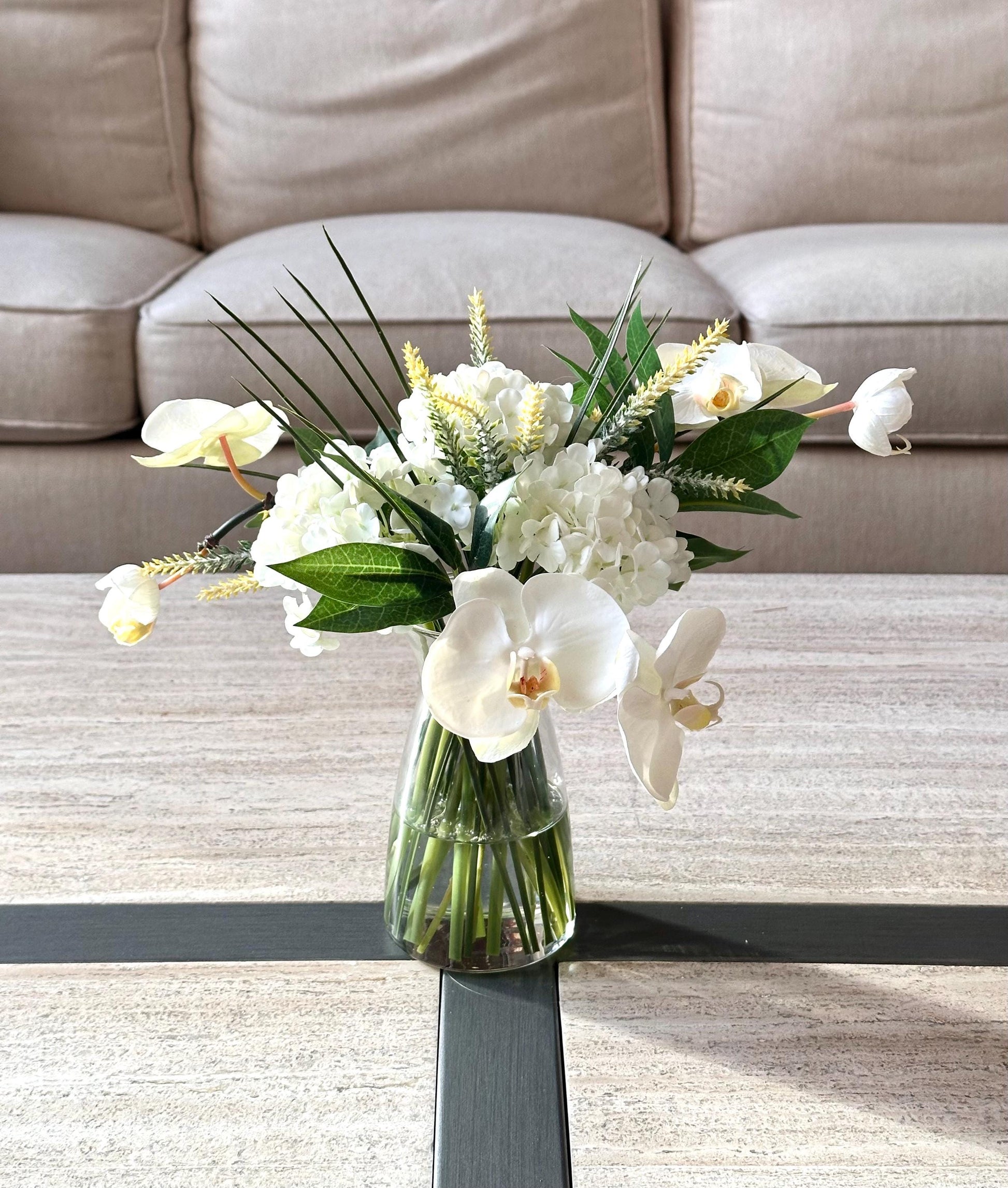 Real-Touch White Orchid Arrangement: Faux Water Glass Vase, Coastal Decor