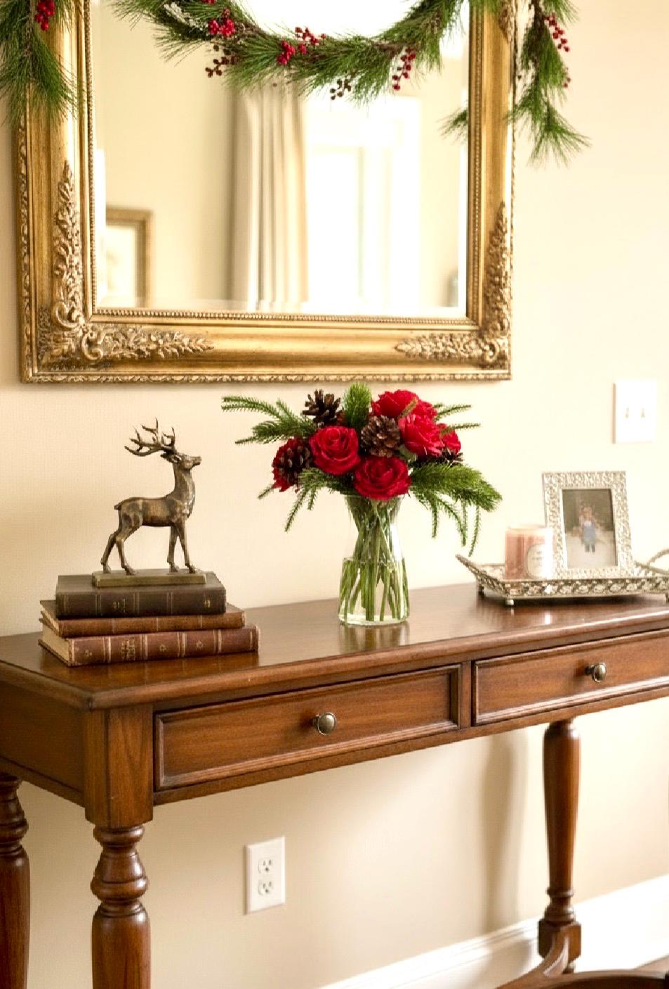 Real Touch Christmas Red Rose Centerpiece: Artificial Floral Arrangement