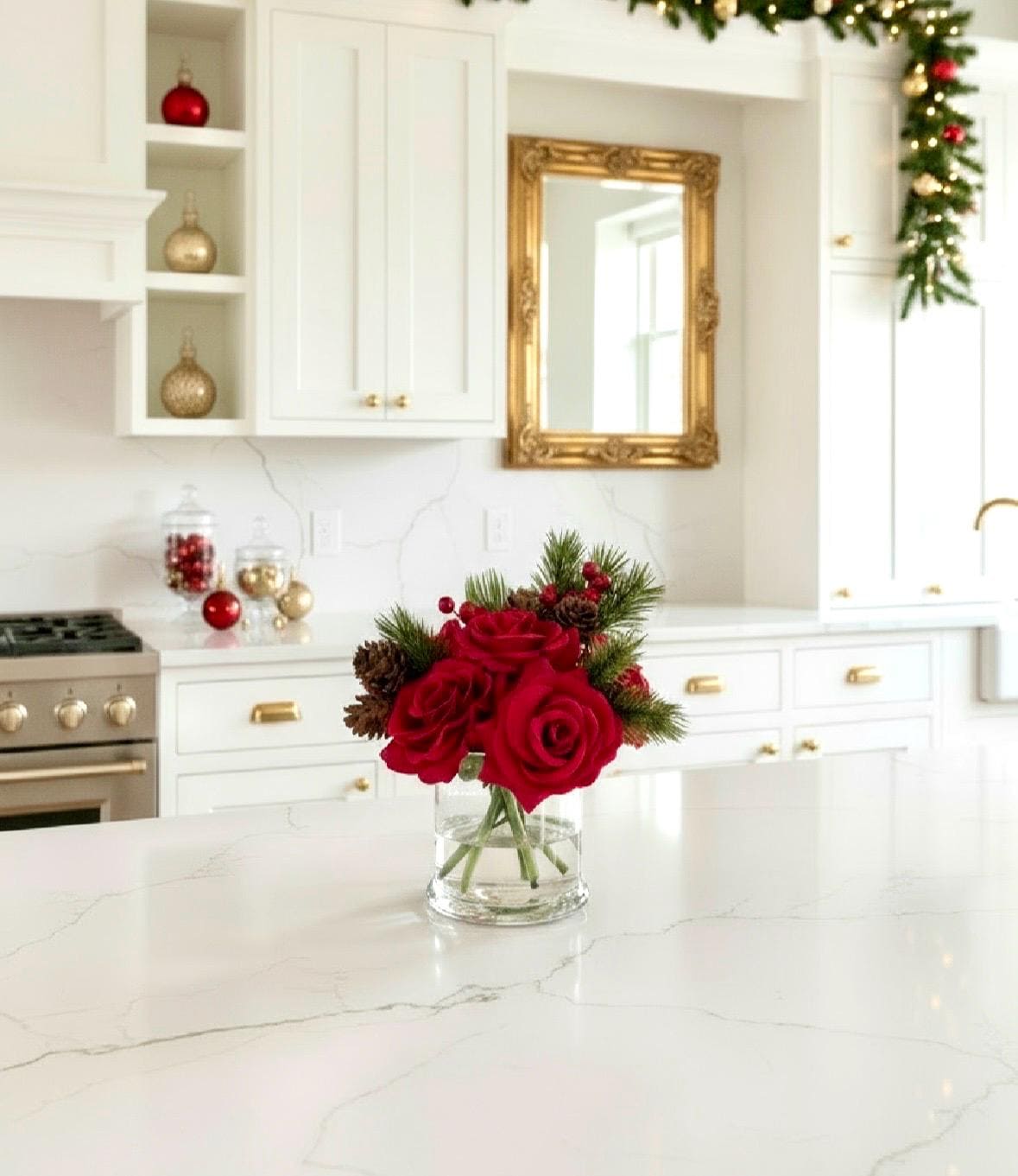 Real Touch Christmas Red Rose Arrangement: Artificial Floral Arrangement