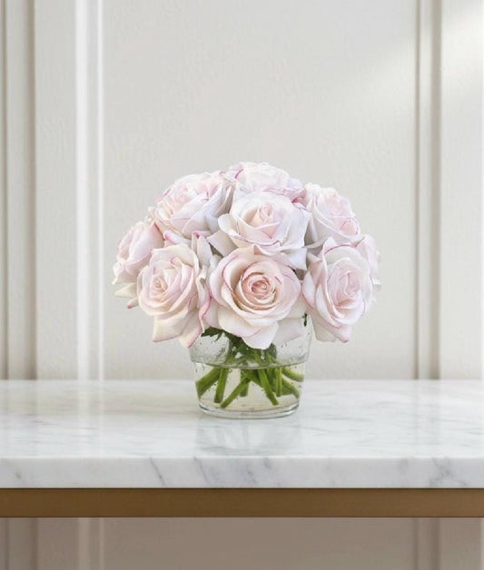 Real Touch Blush Rose Arrangement: Pink Floral Centerpiece Set In Faux Water