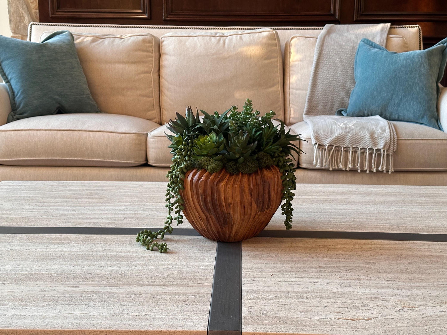 Faux Succulent Arrangement in Wood Planter