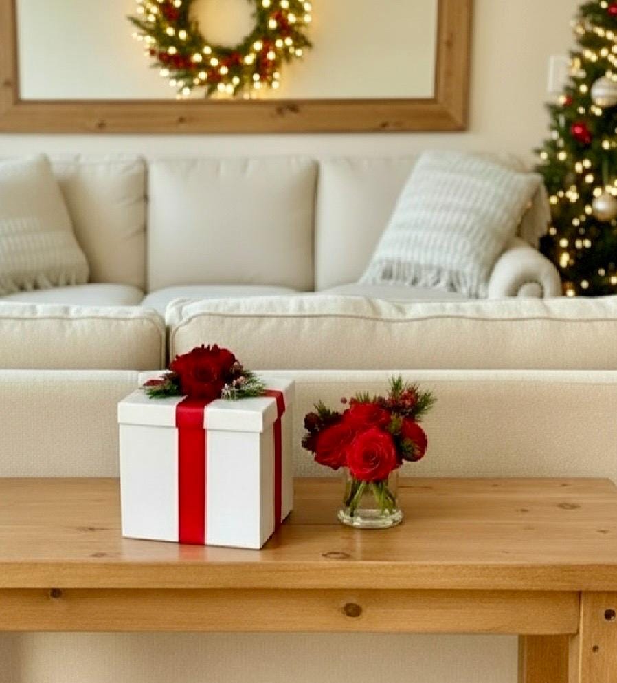 Real Touch Christmas Red Rose Gift Box: Artificial Red Floral Arrangement