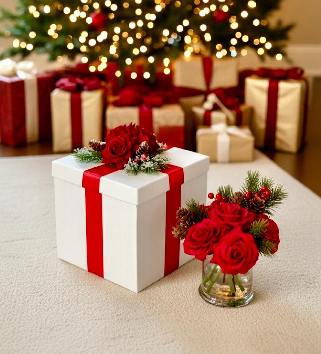 Real Touch Christmas Red Rose Gift Box: Artificial Red Floral Arrangement