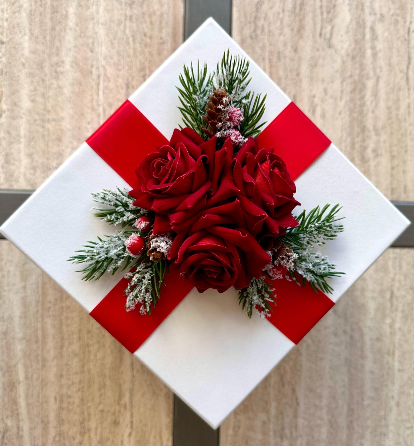 Real Touch Christmas Red Rose Gift Box: Artificial Red Floral Arrangement