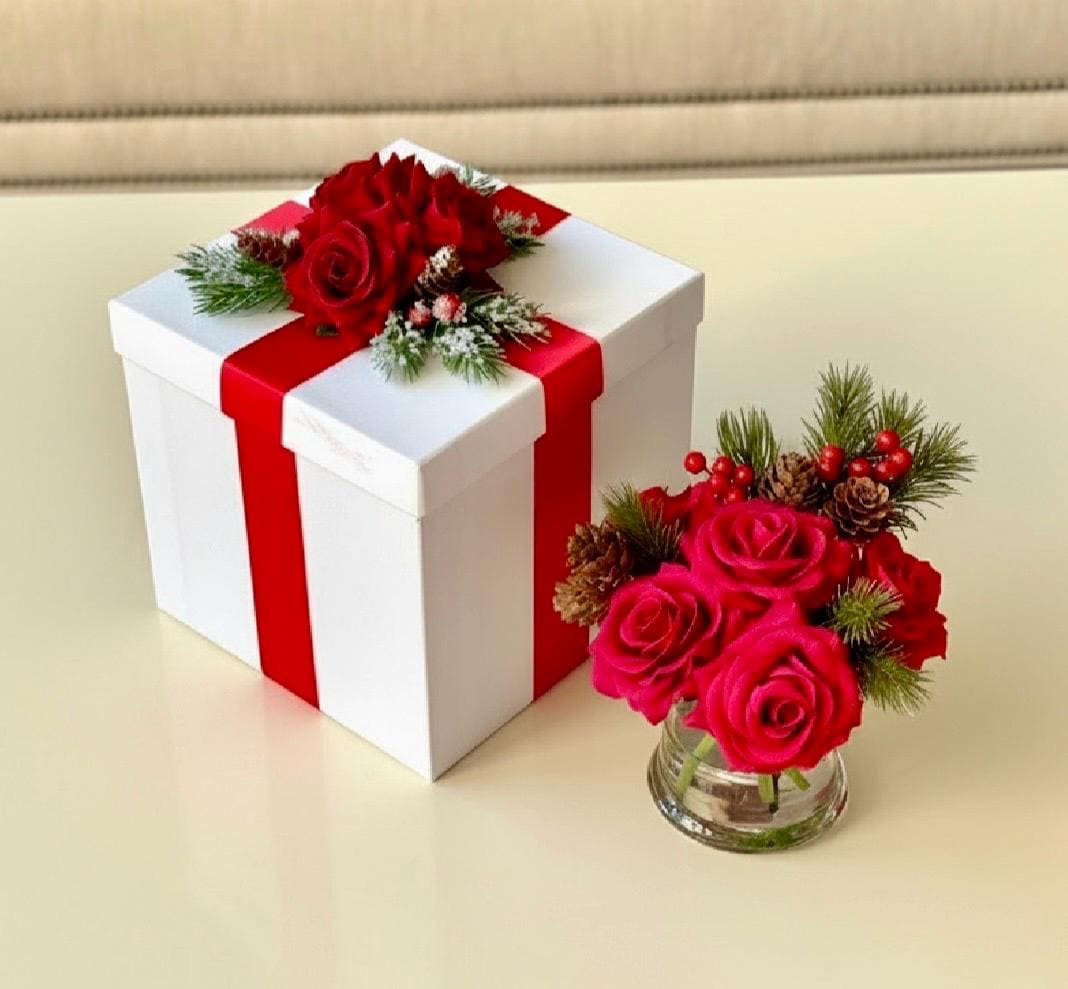 Real Touch Christmas Red Rose Arrangement: Artificial Floral Arrangement
