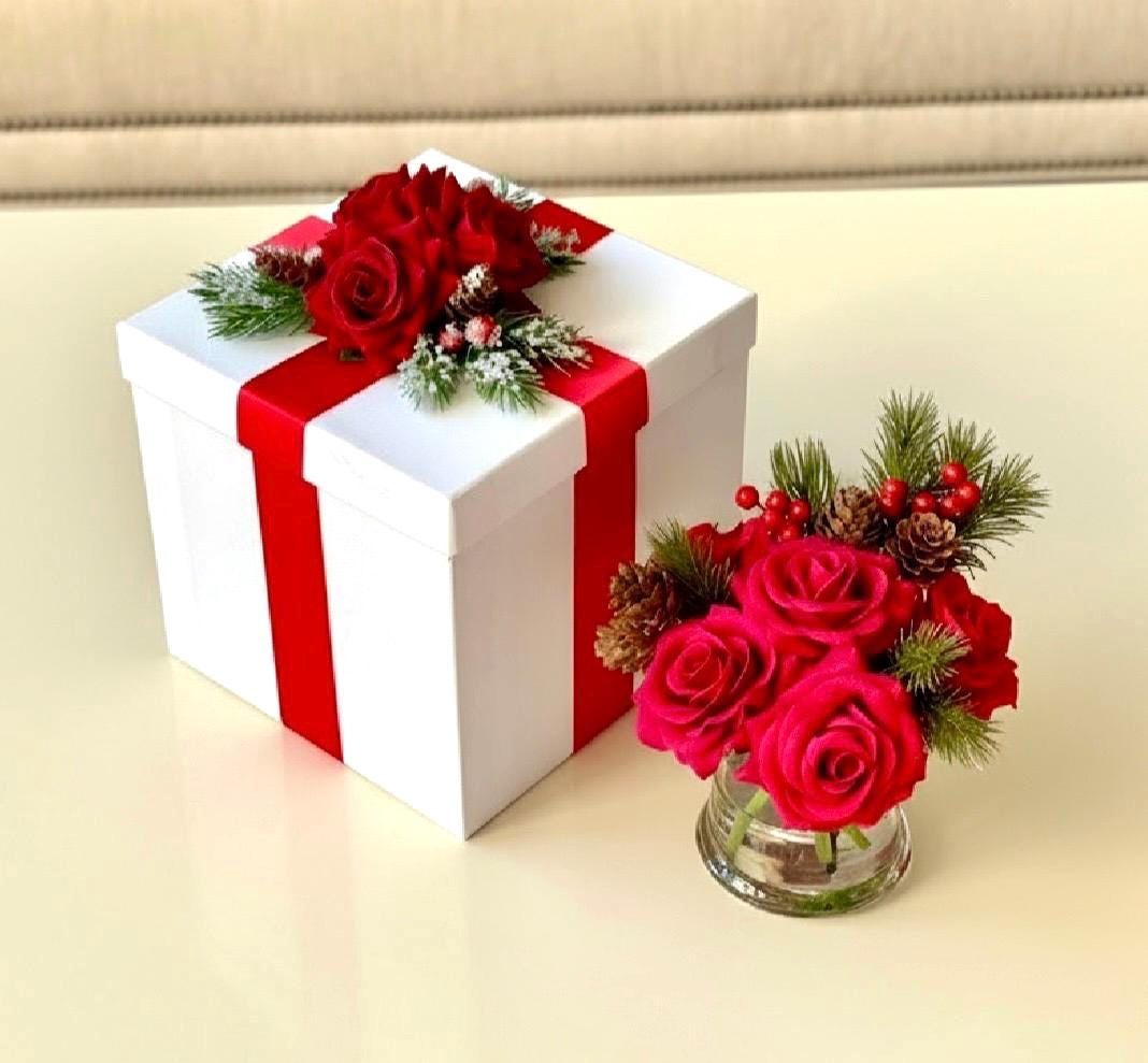 Real Touch Christmas Red Rose Gift Box: Artificial Red Floral Arrangement