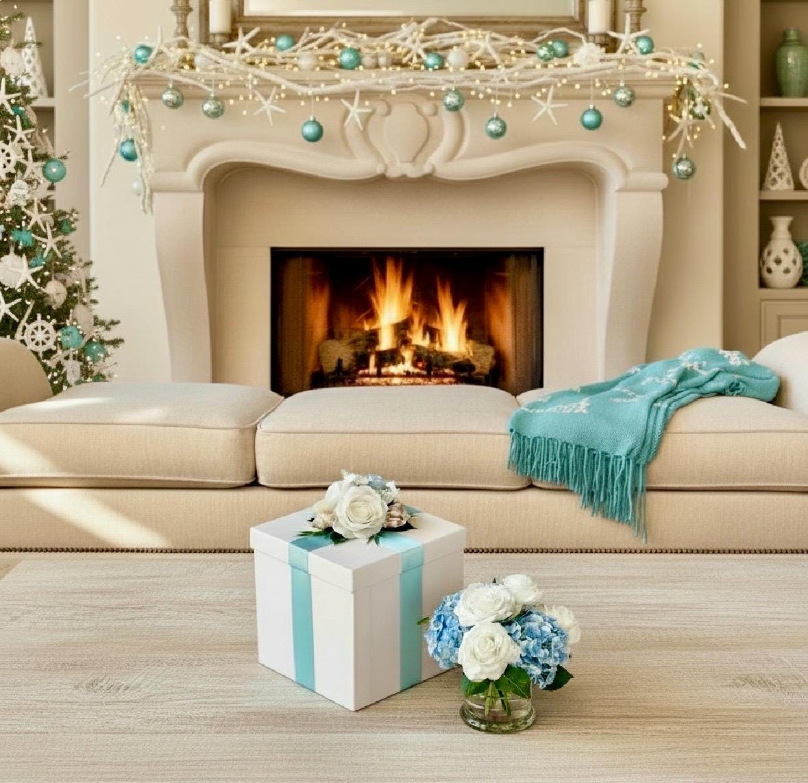 Real Touch Hydrangea & Rose Gift Box Floral Arrangement in Glass Vase and Faux Water