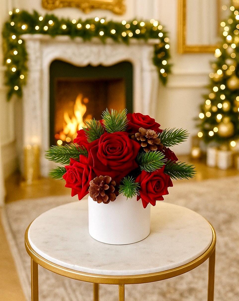 Christmas Red Rose Centerpiece: Artificial Floral Arrangement Red and Burgundy Pinecone
