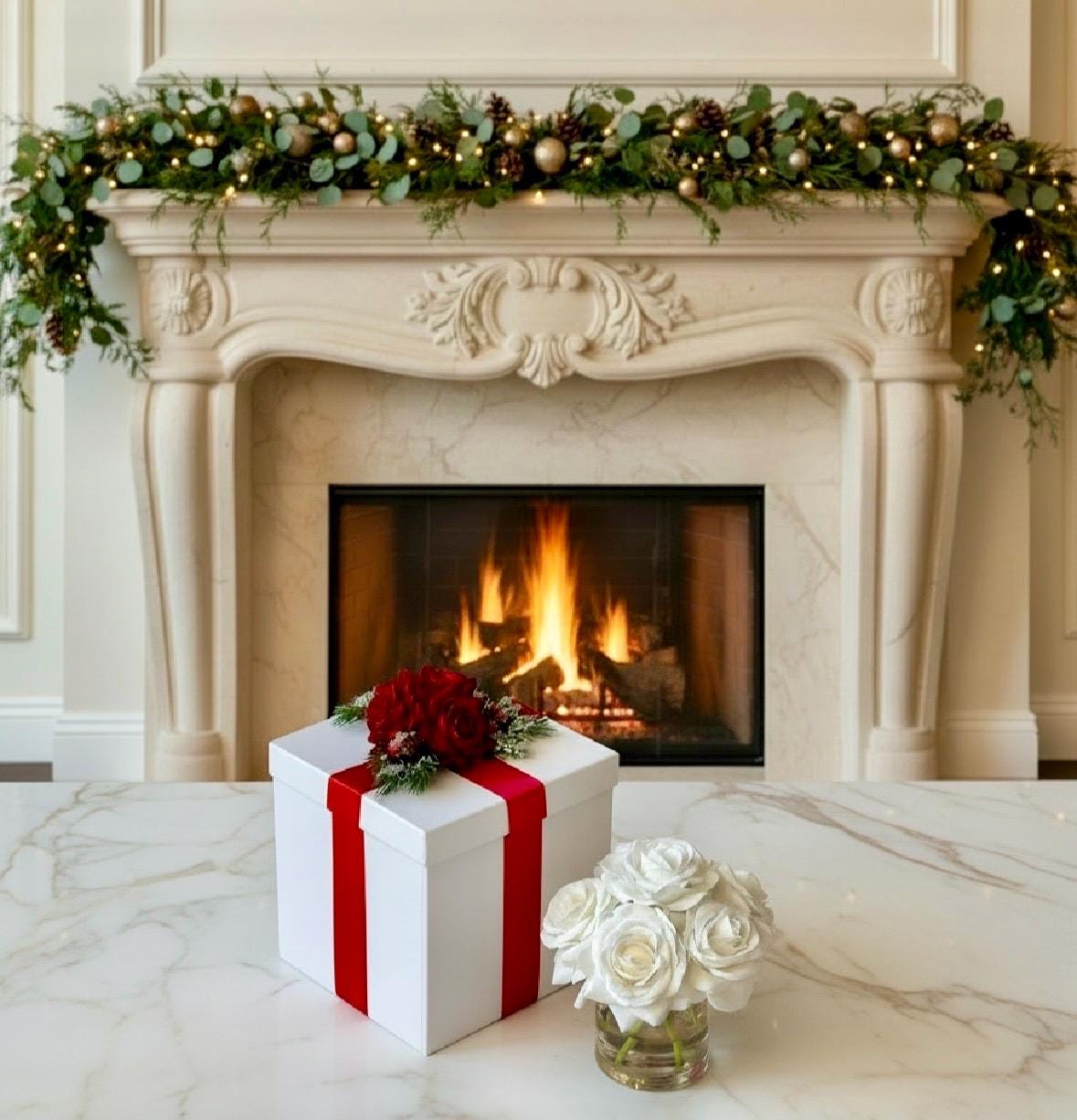 Ivory Rose Arrangement: Faux Floral Centerpiece, Luxury Gift Box